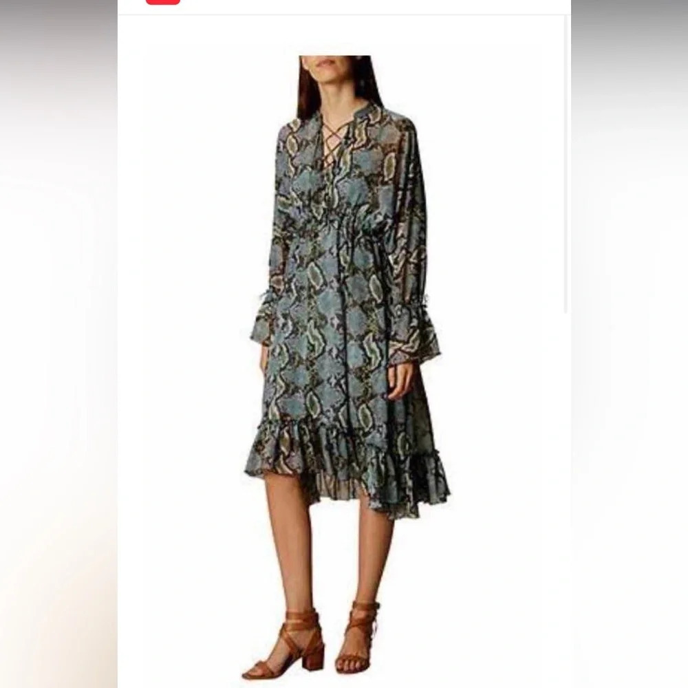 Karen Millen Snake Print Ruffle Bell Sleeve Midi Dress Green/Black NWT Size 14